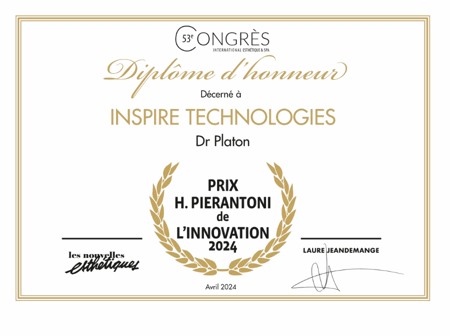 Diplôme d'honneur - Prix H. Pierantoni de l'Innovation 2024 décerné à Dr Platon par Les Nouvelles Esthétiques